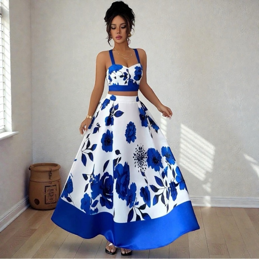 New Satin Floral Crop Top & Skirt 2-Piece Set Outfit Blue & White XL - Picture 4 of 7